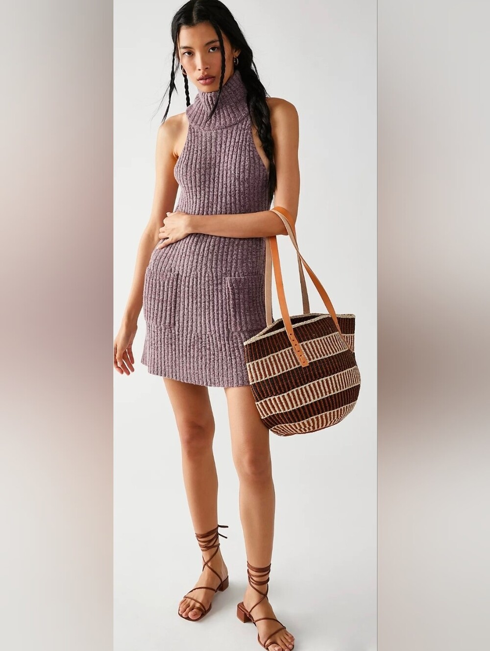 FREE PEOPLE Claude Mini Sweater Dress Sleeveless Ribbed Turtleneck In Wine LARGE